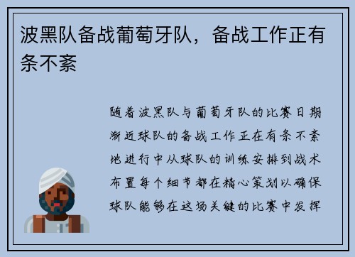 波黑队备战葡萄牙队，备战工作正有条不紊