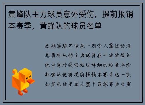黄蜂队主力球员意外受伤，提前报销本赛季，黄蜂队的球员名单