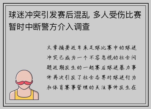 球迷冲突引发赛后混乱 多人受伤比赛暂时中断警方介入调查