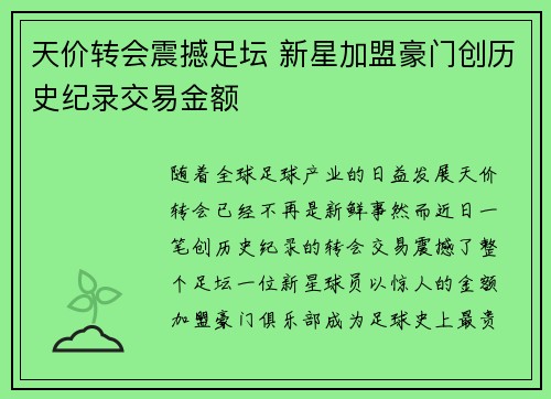 天价转会震撼足坛 新星加盟豪门创历史纪录交易金额