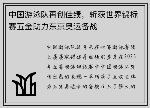 中国游泳队再创佳绩，斩获世界锦标赛五金助力东京奥运备战