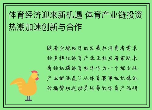 体育经济迎来新机遇 体育产业链投资热潮加速创新与合作